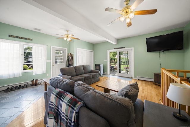 116 Grove St, Windsor Locks, CT 06096 - living area with ceiling fan, healthy amount of natural light, a baseboard radiator, light wood-style flooring, and beam ceiling