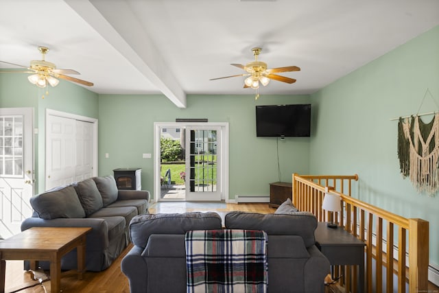 116 Grove St, Windsor Locks, CT 06096 - living area with ceiling fan, a baseboard heating unit, a wood stove, and wood finished floors