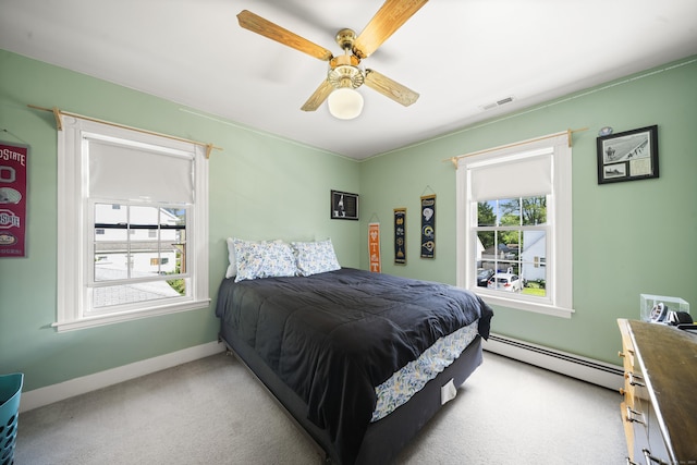 116 Grove St, Windsor Locks, CT 06096 - carpeted bedroom featuring a baseboard radiator, baseboards, and a ceiling fan