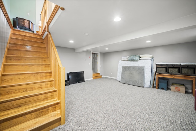 116 Grove St, Windsor Locks, CT 06096 - finished below grade area featuring carpet floors, stairs, recessed lighting, and baseboards