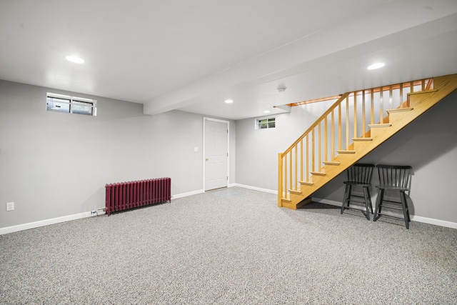 116 Grove St, Windsor Locks, CT 06096 - basement featuring radiator heating unit, recessed lighting, baseboards, stairs, and carpet
