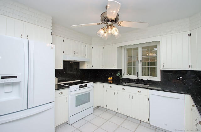 467 Weekeepeemee Rd, Woodbury, CT 06798 - kitchen with white appliances, a sink, under cabinet range hood, a ceiling fan, and dark countertops
