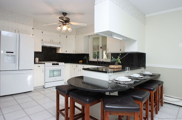 467 Weekeepeemee Rd, Woodbury, CT 06798 - kitchen featuring white appliances, under cabinet range hood, light tile patterned floors, a peninsula, and ceiling fan