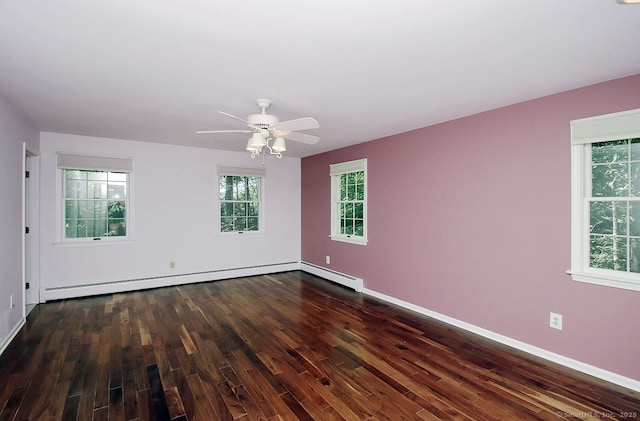 467 Weekeepeemee Rd, Woodbury, CT 06798 - unfurnished room featuring dark wood-style floors, a baseboard heating unit, ceiling fan, and baseboards