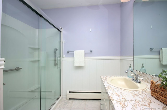 467 Weekeepeemee Rd, Woodbury, CT 06798 - bathroom featuring a baseboard radiator, vanity, a stall shower, and a wainscoted wall