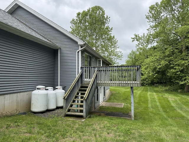 218 Fish Rock Rd, Southbury, CT 06488 - view of green lawn with a wooden deck and stairway
