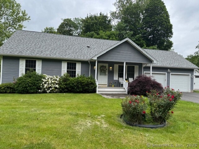 218 Fish Rock Rd, Southbury, CT 06488 - ranch-style house featuring a garage, a porch, a front lawn, and a shingled roof