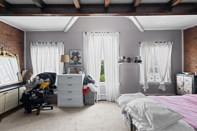 32 Trumbull St, New Haven, CT 06511 - bedroom featuring multiple windows, beamed ceiling, brick wall, light colored carpet, and a baseboard heating unit