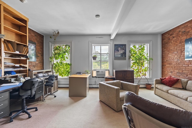 32 Trumbull St, New Haven, CT 06511 - office featuring brick wall, light colored carpet, beamed ceiling, a baseboard heating unit, and baseboard heating