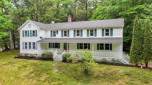 15 Indian Hill Rd, Canton, CT 06019 - view of front facade with covered porch, a front lawn, a chimney, and a shingled roof