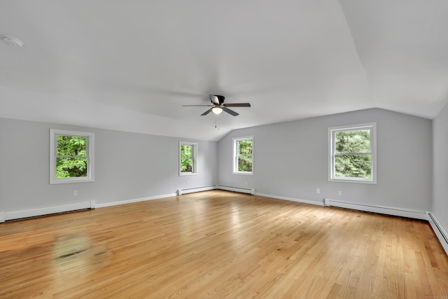 15 Indian Hill Rd, Canton, CT 06019 - empty room with lofted ceiling, a ceiling fan, a baseboard radiator, light wood-style floors, and a smoke detector