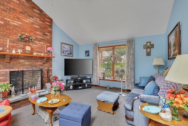 79 Carriage Dr E, Meriden, CT 06450 - carpeted living area featuring a brick fireplace, high vaulted ceiling, and baseboards