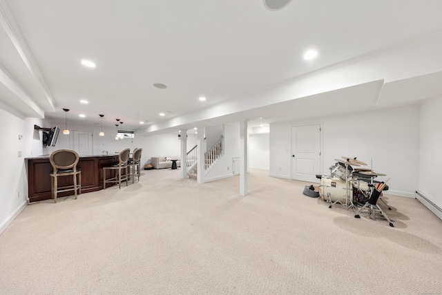 31 Pleasant St, Darien, CT 06820 - finished below grade area featuring light colored carpet, bar with sink, recessed lighting, and baseboards