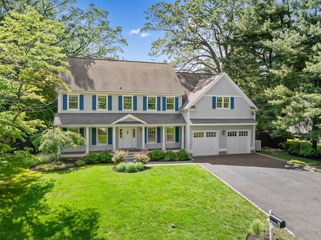 31 Pleasant St, Darien, CT 06820 - view of front facade with driveway, a garage, a front lawn, covered porch, and a shingled roof