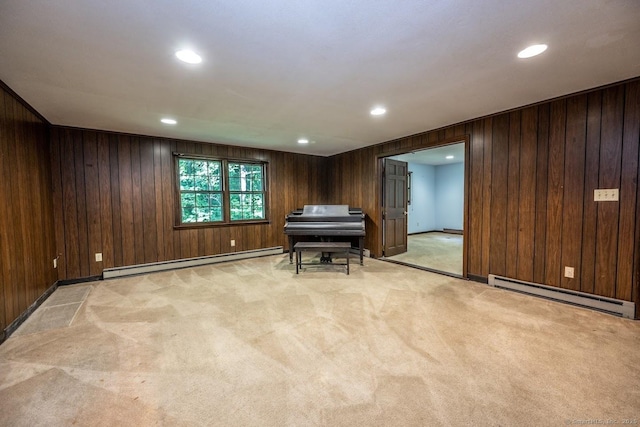 58 Wildwood Ln, Durham, CT 06422 - sitting room featuring baseboard heating, a baseboard radiator, wood walls, light carpet, and recessed lighting