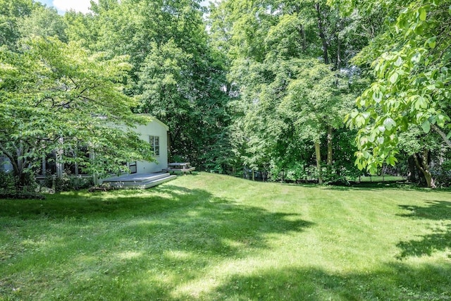58 Wildwood Ln, Durham, CT 06422 - view of green lawn with a wooded view and a wooden deck