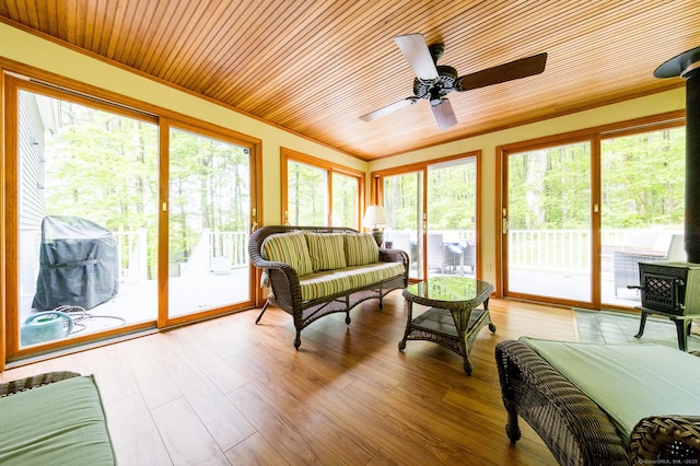 1900 Home Rd, Great Barrington, MA 01230 - sunroom with a wood stove, crown molding, wood ceiling, and wood finished floors