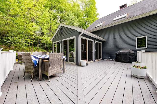 1900 Home Rd, Great Barrington, MA 01230 - wooden terrace featuring a sunroom, a grill, and outdoor dining area