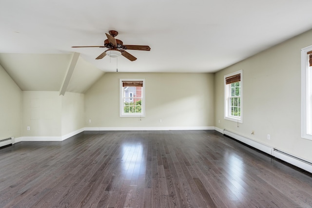 2 Acorn Dr, East Haddam, CT 06423 - additional living space featuring a baseboard radiator, ceiling fan, vaulted ceiling, dark wood finished floors, and baseboards