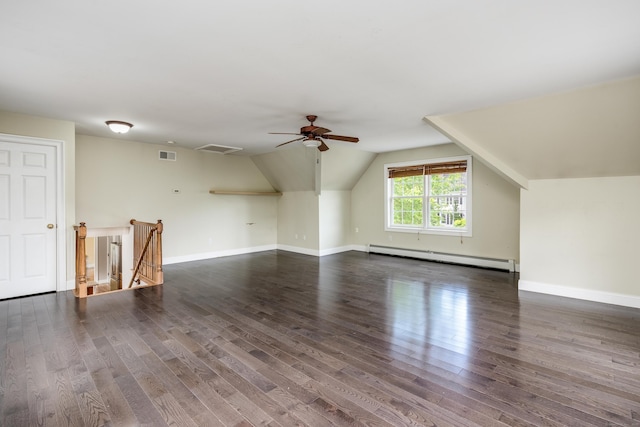 2 Acorn Dr, East Haddam, CT 06423 - bonus room featuring a baseboard heating unit, dark wood-style floors, a ceiling fan, vaulted ceiling, and baseboards