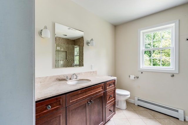2 Acorn Dr, East Haddam, CT 06423 - full bathroom with a baseboard radiator, vanity, toilet, baseboards, and tile patterned floors