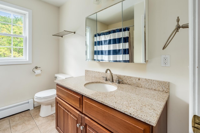 2 Acorn Dr, East Haddam, CT 06423 - full bath featuring a baseboard radiator, vanity, toilet, tile patterned flooring, and a shower with curtain