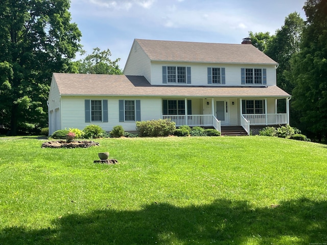 116 Taylor Rd, New Milford, CT 06776 - view of front of property featuring a chimney, covered porch, a front lawn, a garage, and a shingled roof