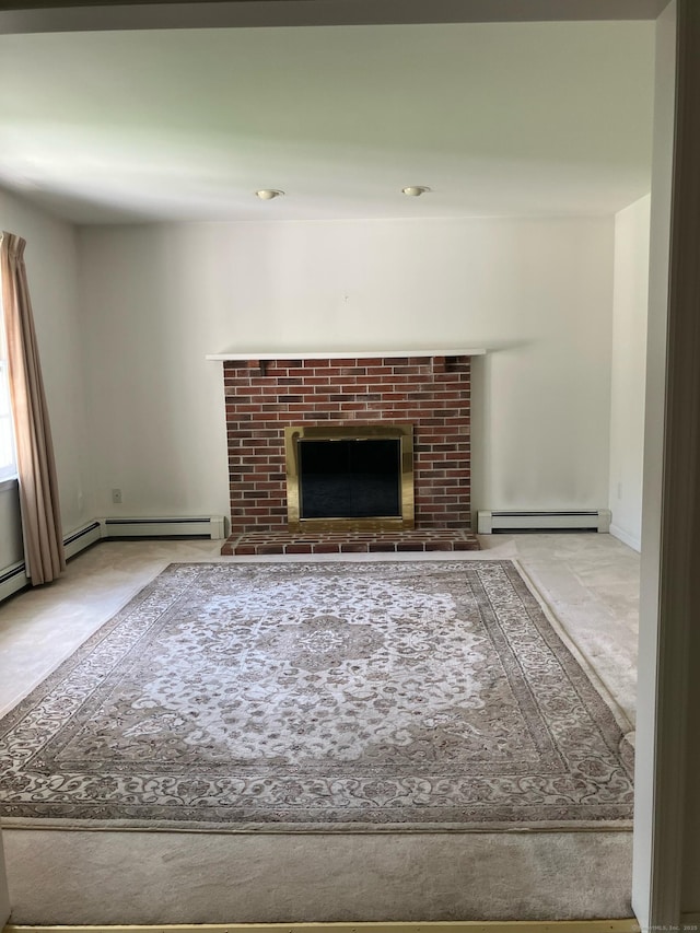 116 Taylor Rd, New Milford, CT 06776 - unfurnished living room with a baseboard heating unit and a brick fireplace