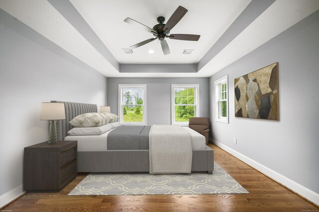 14 Fiddlehead Pl, Suffield, CT 06078 - bedroom featuring baseboards, a raised ceiling, wood finished floors, and a ceiling fan