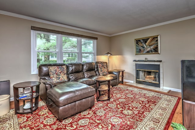 20 Canterbury Rd Unit 20, Hamden, CT 06514 - living room featuring ornamental molding, wood finished floors, and a tiled fireplace