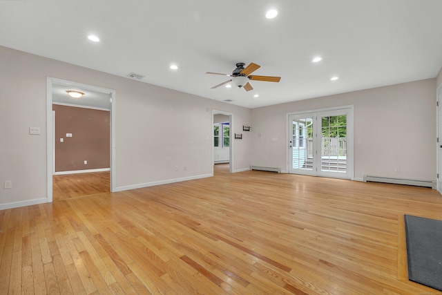 755 W Pond Meadow Rd, Westbrook, CT 06498 - unfurnished living room featuring a baseboard radiator, ceiling fan, light wood-style flooring, baseboards, and recessed lighting
