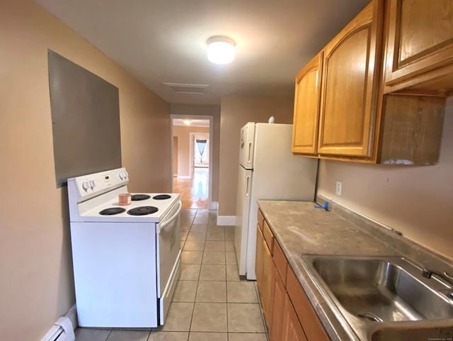 24 Townley St, Hartford, CT 06105 - kitchen featuring white appliances, a sink, a baseboard heating unit, light tile patterned floors, and brown cabinets
