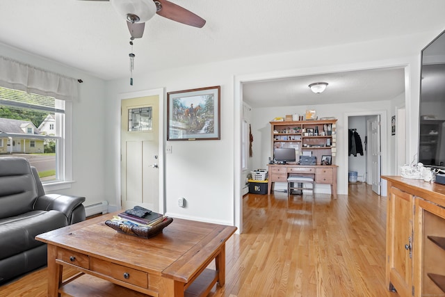 355 Farmington Ave, Bristol, CT 06010 - living room featuring a baseboard radiator, light wood-style floors, and ceiling fan