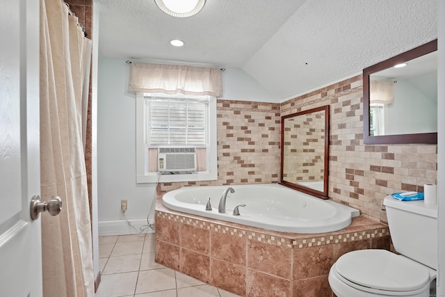 355 Farmington Ave, Bristol, CT 06010 - full bath featuring a textured ceiling, a bath, tile patterned floors, lofted ceiling, and cooling unit