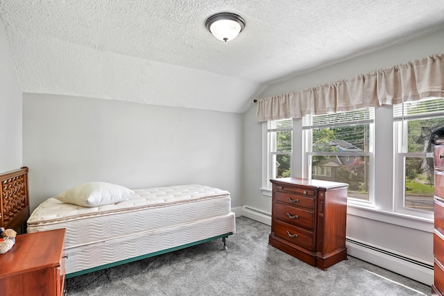 355 Farmington Ave, Bristol, CT 06010 - carpeted bedroom with a baseboard heating unit, a textured ceiling, and lofted ceiling