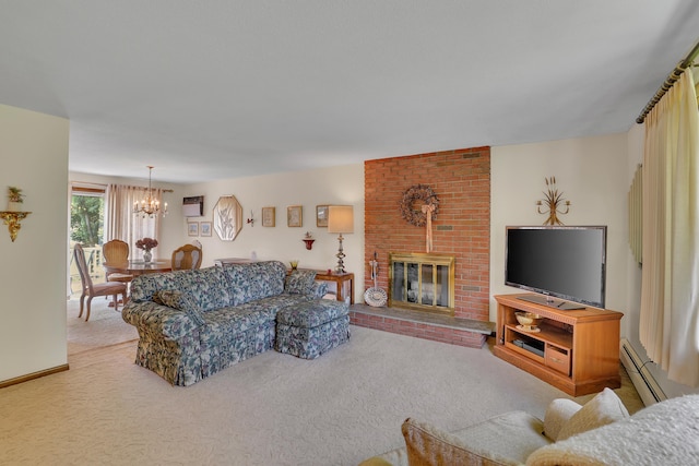 197 Hummingbird Dr, Berlin, CT 06037 - living room featuring a baseboard heating unit, a chandelier, light colored carpet, a brick fireplace, and an AC wall unit