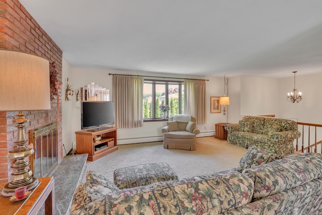 197 Hummingbird Dr, Berlin, CT 06037 - carpeted living area with baseboard heating, a chandelier, and a fireplace
