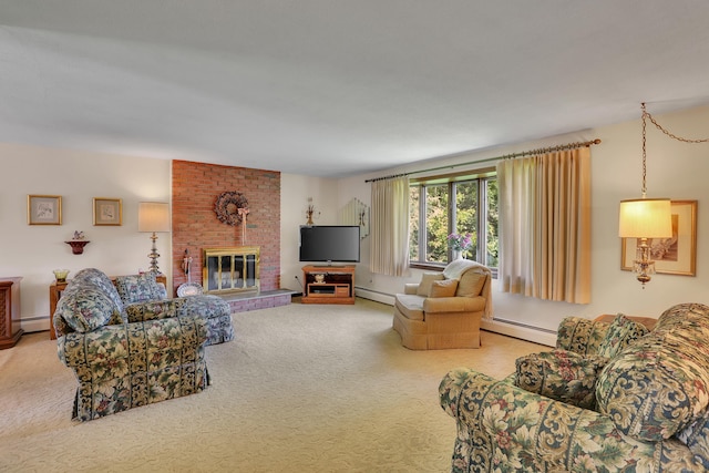 197 Hummingbird Dr, Berlin, CT 06037 - carpeted living room with a baseboard heating unit and a brick fireplace
