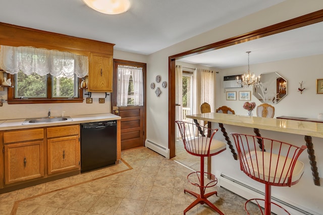 197 Hummingbird Dr, Berlin, CT 06037 - kitchen featuring black dishwasher, a sink, a baseboard radiator, and light countertops