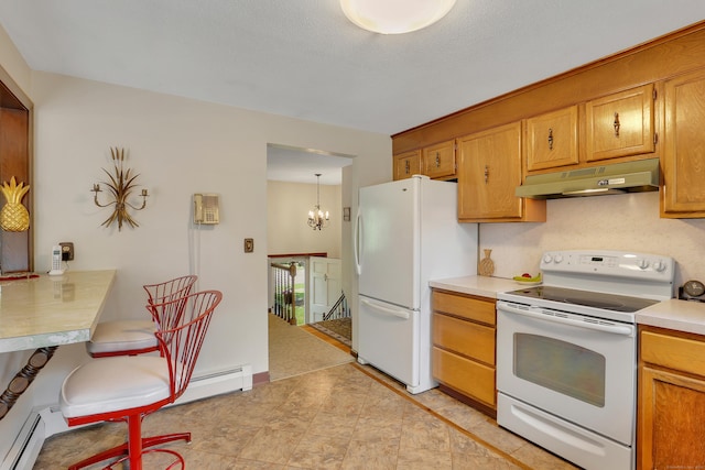 197 Hummingbird Dr, Berlin, CT 06037 - kitchen featuring white appliances, under cabinet range hood, light countertops, a baseboard heating unit, and brown cabinetry