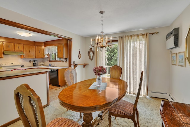 197 Hummingbird Dr, Berlin, CT 06037 - dining space with baseboard heating, a chandelier, light carpet, and a wall mounted air conditioner