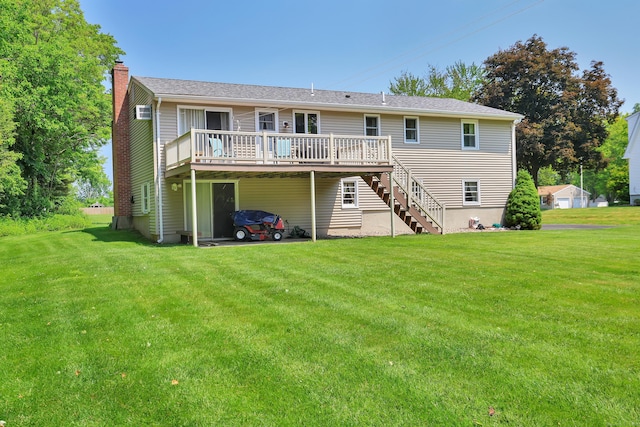 197 Hummingbird Dr, Berlin, CT 06037 - rear view of house with a deck, a chimney, stairs, and a lawn