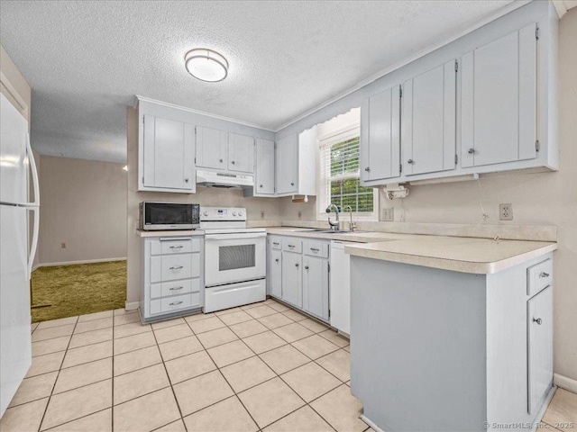 5 Marian Ln, Clinton, CT 06413 - kitchen featuring white appliances, under cabinet range hood, a sink, a textured ceiling, and light countertops