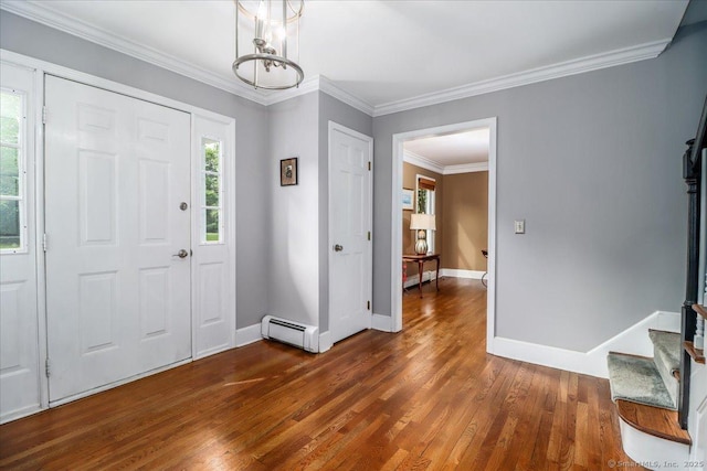 10 Hundred Acres Rd, Newtown, CT 06470 - foyer entrance featuring baseboard heating, wood finished floors, baseboards, stairs, and crown molding
