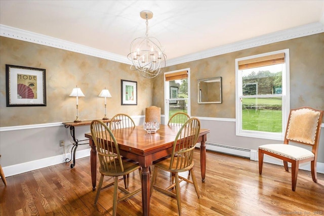10 Hundred Acres Rd, Newtown, CT 06470 - dining space featuring baseboard heating, a chandelier, healthy amount of natural light, wood finished floors, and ornamental molding