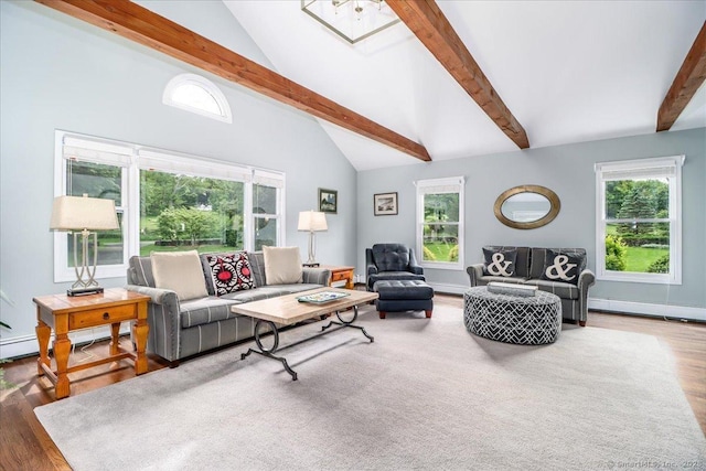 10 Hundred Acres Rd, Newtown, CT 06470 - living room with beam ceiling, wood finished floors, a baseboard radiator, high vaulted ceiling, and baseboards