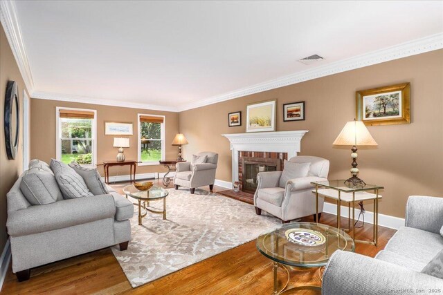 10 Hundred Acres Rd, Newtown, CT 06470 - living room with crown molding, baseboards, wood finished floors, and a fireplace