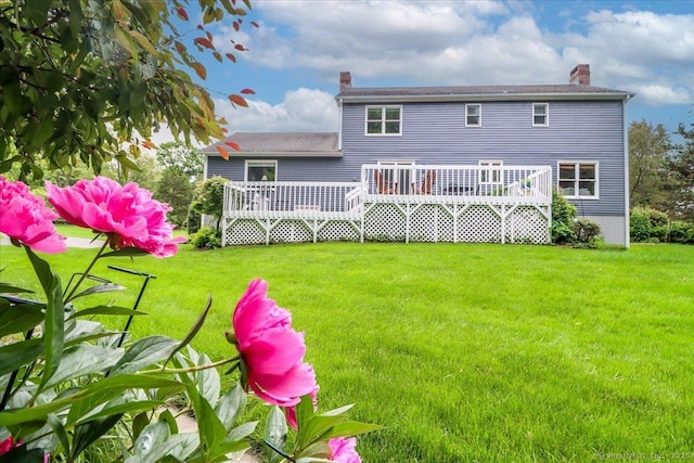 10 Hundred Acres Rd, Newtown, CT 06470 - rear view of house featuring a chimney, a deck, and a yard