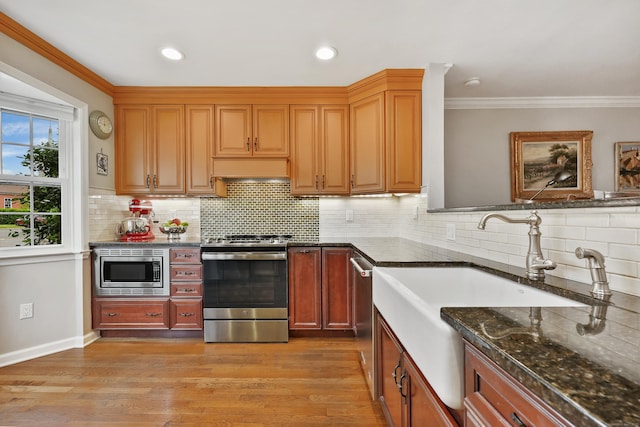 177 S Ave Unit 6, New Canaan, CT 06840 - kitchen with stainless steel appliances, a sink, ornamental molding, decorative backsplash, and light wood-type flooring