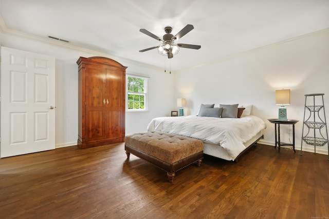 177 S Ave Unit 6, New Canaan, CT 06840 - bedroom featuring ornamental molding, dark wood-type flooring, baseboards, and ceiling fan
